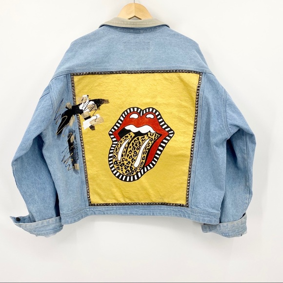 URBAN HAUTE LABEL 'ROCKSTA' Vintage Studded Rolling Stones Denim Trucker Jacket - Picture 5 of 16